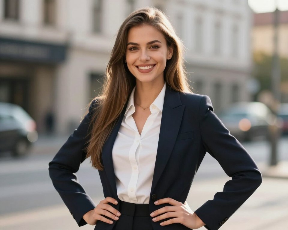 A portrait of Justyna Gradek, a poised model in her late twenties, standing confidently in an elegant business attire, showcasing her professional demeanor. She has long, sleek hair and a captivating smile, exuding confidence and grace. The background features a softly blurred urban setting, hinting at a contemporary cityscape, with warm, natural lighting that highlights her features. The focus should be on Justyna, capturing her essence as a model while emphasizing her youthful age. A 50mm lens perspective will create a soft bokeh effect around her, adding depth to the composition. The atmosphere is inspirational and uplifting, reflecting the aspiration of youth and professional success.