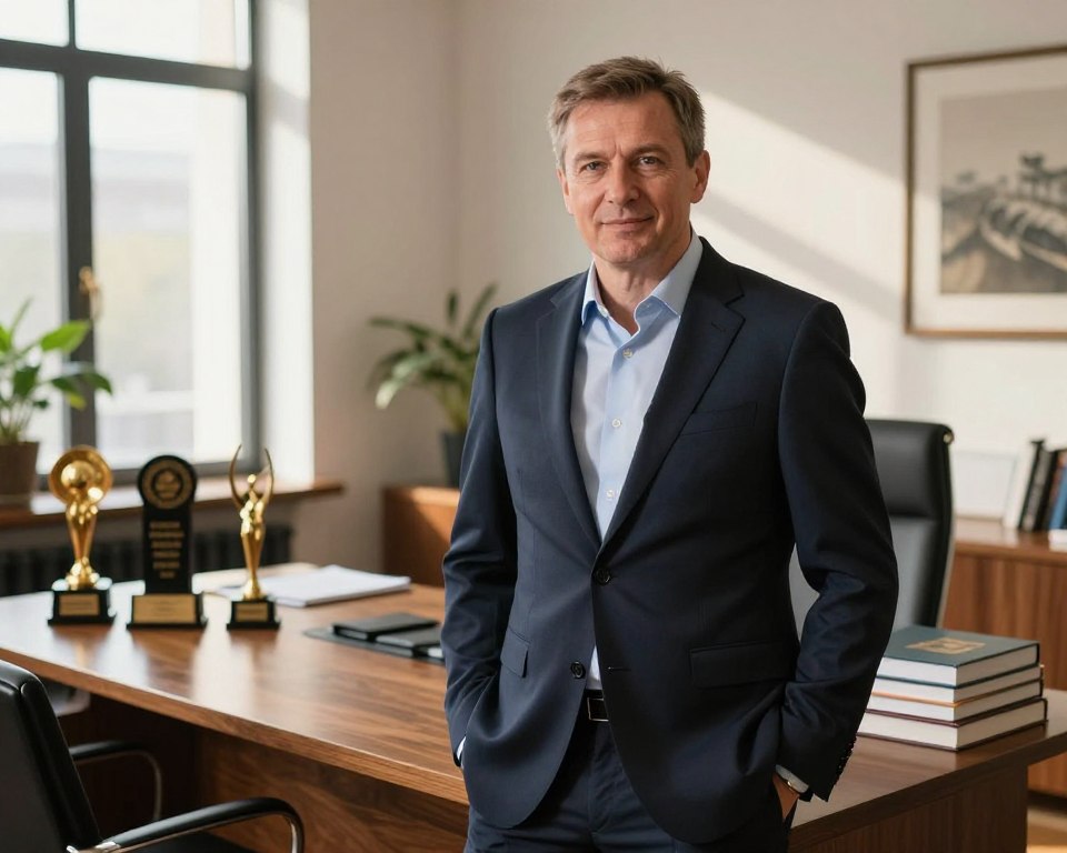 A professional portrait of Zbigniew Krysiak, an accomplished figure in his field, standing confidently in an elegant office environment. He is dressed in a sharp, tailored suit, exuding a sense of professionalism and success. The foreground features him looking directly at the viewer with an engaging and thoughtful expression. In the middle ground, an imposing wooden desk cluttered with industry-related awards and books reflects his achievements. The background reveals large windows with natural sunlight pouring in, illuminating the space and creating a warm and inviting atmosphere. Soft shadows enhance the depth of the scene, captured with a shallow depth of field to focus on his figure. The mood is aspirational, highlighting a successful career trajectory.