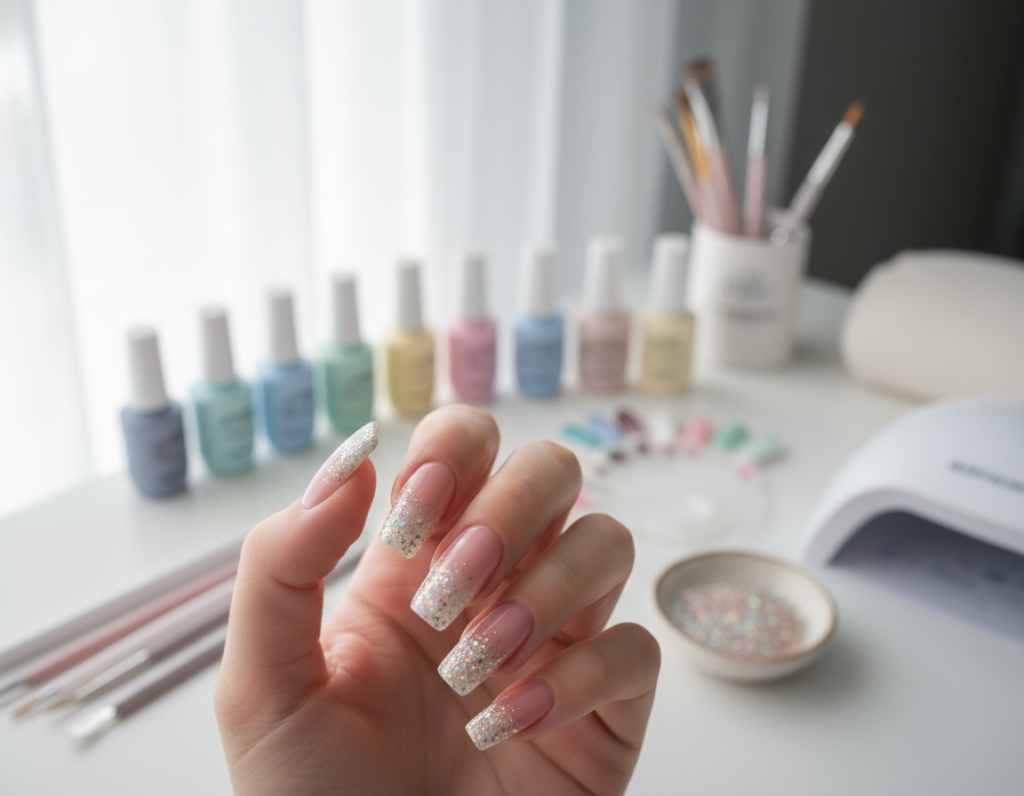 A serene nail art workspace featuring a close-up of perfectly styled babyboomer nails with glittery French tips. The foreground showcases a polished hand with chic, long nails, displaying a soft gradient from natural pink to a shiny white tip, adorned with sparkling glitter. The background includes an aesthetically pleasing arrangement of nail polish bottles, brushes, and tools in soft pastel colors, creating a calming and inviting atmosphere. The lighting is bright and diffused, enhancing the details of the nails and giving a fresh and clean look. Shot at a slight angle to focus on the nail design while softly blurring the background for depth, emphasizing the artistry of this step-by-step nail styling process. A serene nail art workspace featuring a close-up of perfectly styled babyboomer nails with glittery French tips. The foreground showcases a polished hand with chic, long nails, displaying a soft gradient from natural pink to a shiny white tip, adorned with sparkling glitter. The background includes an aesthetically pleasing arrangement of nail polish bottles, brushes, and tools in soft pastel colors, creating a calming and inviting atmosphere. The lighting is bright and diffused, enhancing the details of the nails and giving a fresh and clean look. Shot at a slight angle to focus on the nail design while softly blurring the background for depth, emphasizing the artistry of this step-by-step nail styling process.