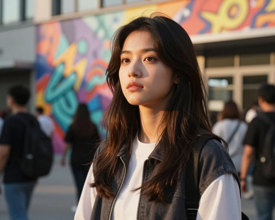 A striking portrait of a young female influencer with a thoughtful expression, symbolizing the controversies surrounding her age. She is dressed in trendy yet modest casual wear, standing in a modern urban setting with vibrant street art in the background. Soft, golden afternoon sunlight casts warm tones, enhancing the mood of contemplation and intrigue. The foreground focuses on her face, capturing her youthful features, while the middle ground shows her surrounded by blurred silhouettes of people, adding depth to the image. A slight tilt upward from a low angle gives a sense of empowerment, inviting the viewer to reflect on the complexities of youth and influence.