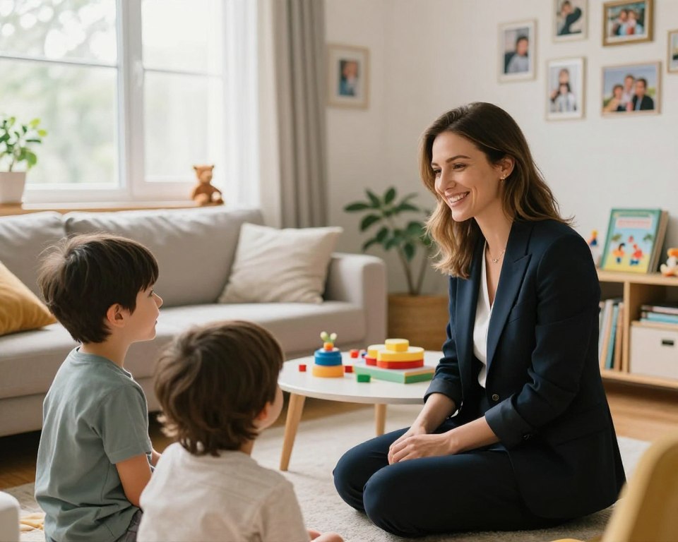 A warm and inviting scene depicting Marta Surnik in a cozy family setting. In the foreground, a smiling Marta, dressed in a smart casual outfit, interacts with her children, showcasing a nurturing atmosphere. The middle ground features a comfortable living room filled with playful toys and family photos on the walls, hinting at their close-knit bond. Large windows let in soft, natural light, creating a cheerful and serene ambiance throughout the space. In the background, a small bookshelf filled with children's books adds a touch of personalization and warmth. The image should evoke feelings of love, family connection, and the balance between personal life and professional identity.