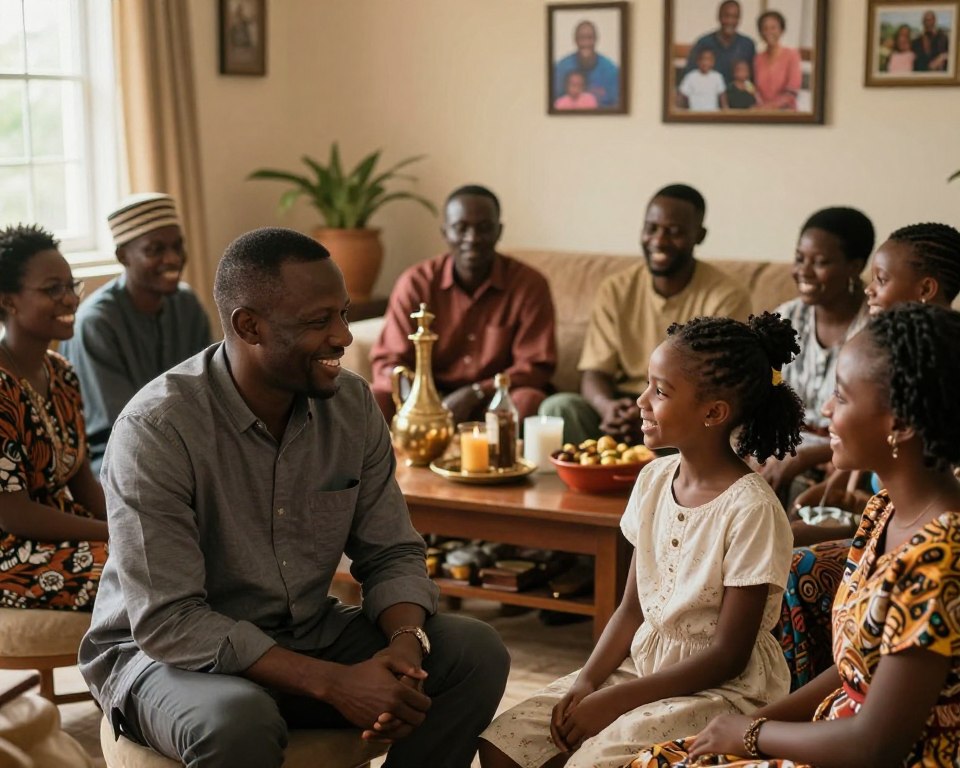 A warm family gathering scene centered around Joseph Amissah and his family, showcasing values and traditions. In the foreground, Joseph, dressed in modest business attire, smiles at his daughter, who wears a neat casual outfit. Surrounding them are family members engaged in cheerful discussion, highlighting their supportive bonds. In the middle ground, a beautifully arranged table with traditional items and cultural artifacts symbolizes their heritage and shared history. Soft, natural lighting filters through a nearby window, casting a gentle glow that enhances the warmth of the scene. The background features a cozy living room adorned with family photos that represent their journey together. The atmosphere is inviting and nostalgic, reflecting a deep sense of family unity and respect for traditions.