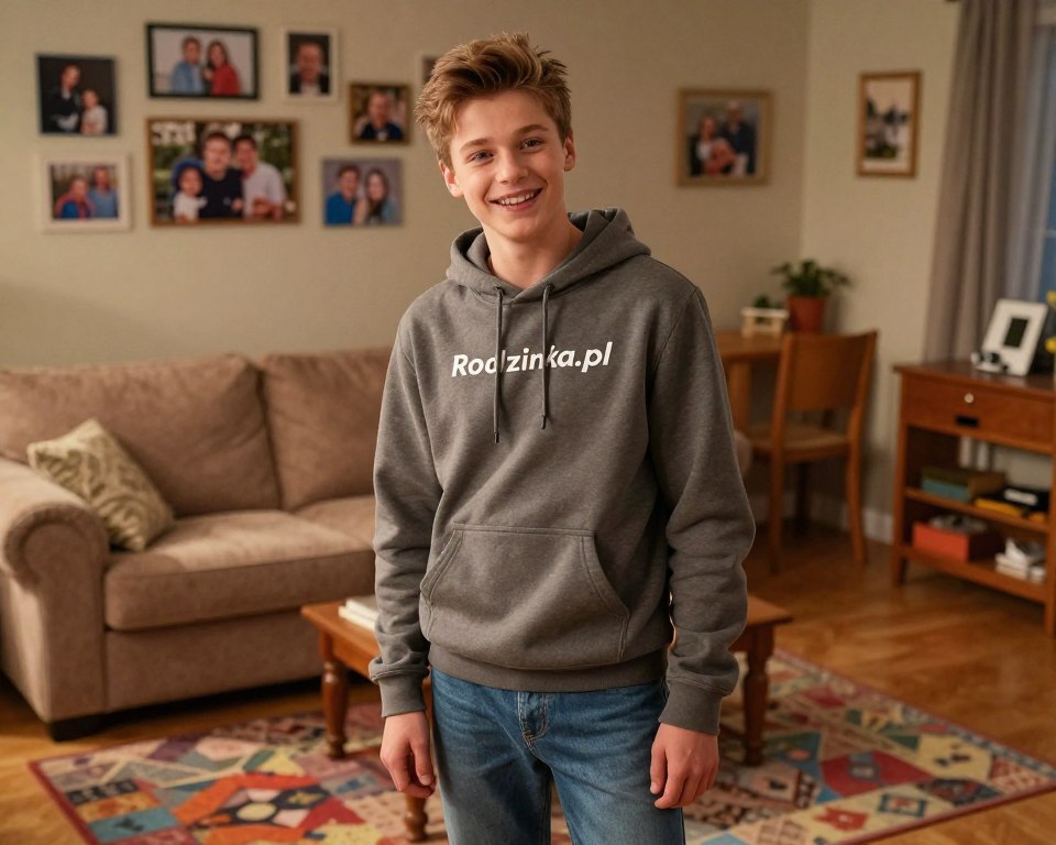A young male actor portraying Kuba from the Polish TV series "Rodzinka.pl," standing in a cozy family living room. He has light brown hair and is wearing a casual, stylish outfit appropriate for a teenager, featuring a hoodie and jeans. The foreground captures his expressive face as he smiles warmly, embodying Kuba's playful and cheerful personality. In the middle, a plush sofa and a colorful rug surround him, with family photos in the background, creating a homely atmosphere. Soft, warm lighting illuminates the scene, enhancing a friendly vibe. The camera angle is slightly low to give an inviting perspective, focusing on his engaging expression while allowing the family-oriented setting to shine.