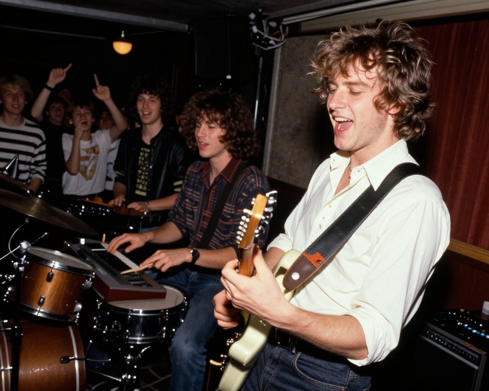 Artur Gadowski, the musician known for his role in the band IRA, captured in a vibrant moment during the early stages of his career. The foreground features a young, passionate Gadowski energetically playing his guitar, dressed in a stylish yet modest outfit reflecting the 1990s music scene. In the middle ground, bandmates can be seen, collectively immersed in their music, with instruments like keyboards and drums. The background showcases a small, dimly lit music club filled with enthusiastic fans, the atmosphere charged with excitement and creativity. Soft, warm lighting highlights the musicians, casting gentle shadows that evoke a sense of nostalgia. The angle captures the dynamic energy of a live performance, conveying a blend of ambition and youthful exuberance, characteristic of the early days of their musical journey.