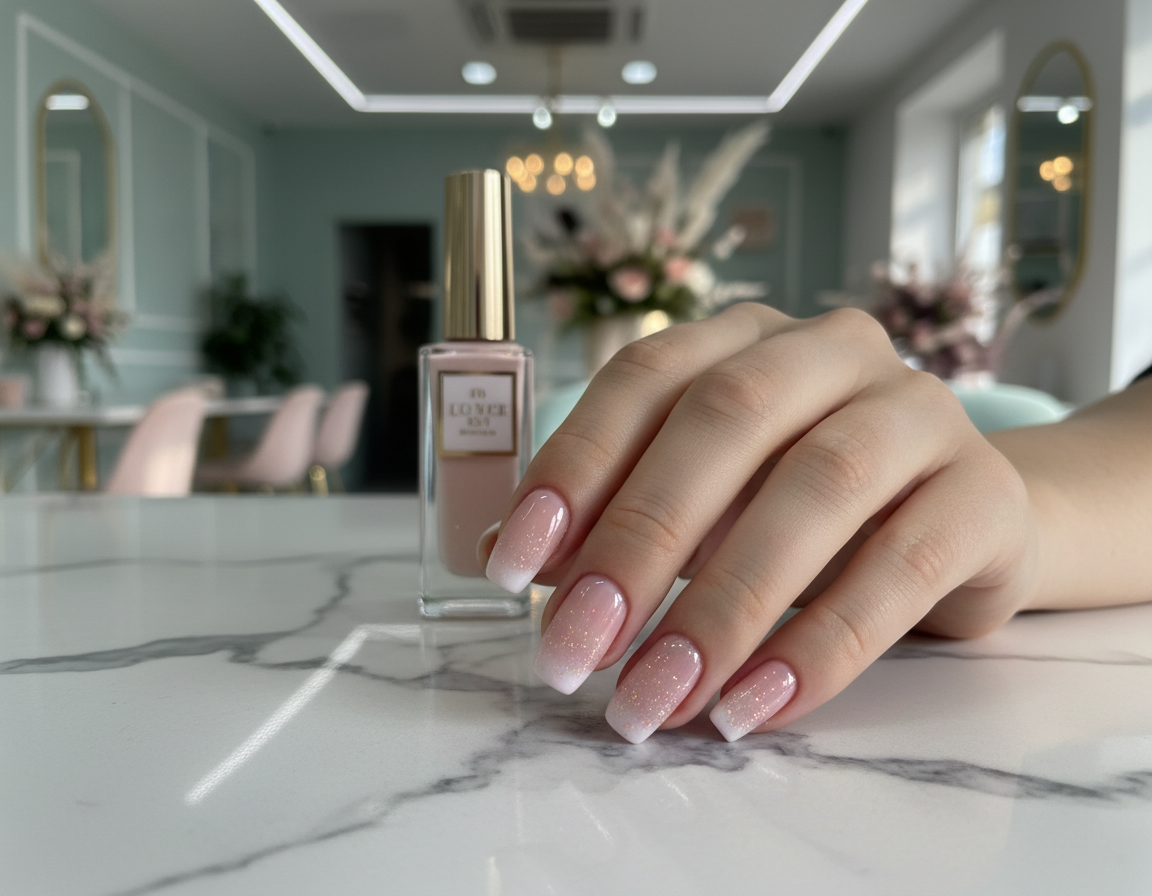 babyboomer paznokcie french z brokatem