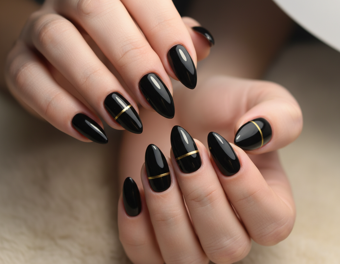 czarne paznokcie ze złotym paskiem