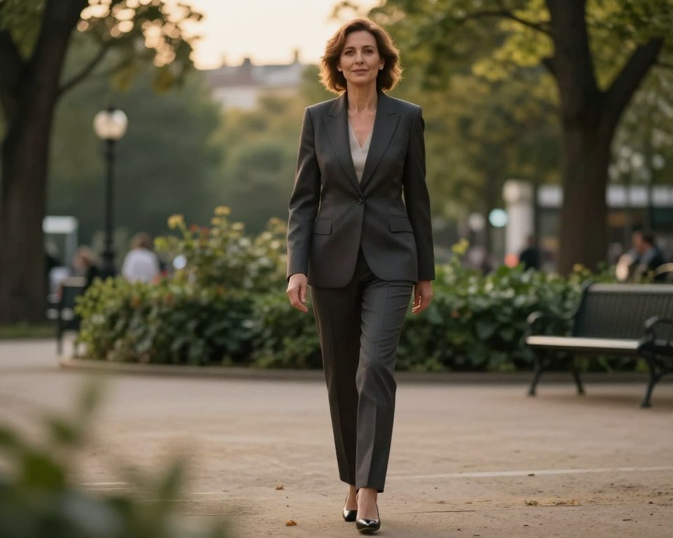 A full-body portrait of a middle-aged female actress, representing Magdalena Zawadzka, showcasing her elegant posture and poise. She is dressed in stylish, professional attire, with a tailored blazer and fitted trousers, radiating confidence and grace. The foreground features a soft focus on her figure, highlighting her height and silhouette. In the middle ground, a serene urban park setting can be seen, with soft greenery and trees framing her. The background is gently blurred to maintain focus on her. The lighting is warm and natural, as if it’s an early evening, casting a gentle glow on her features. The atmosphere is sophisticated and refined, emphasizing her stature and character in an artistic yet respectful manner. Ensure there are no text elements or distractions in the image. A full-body portrait of a middle-aged female actress, representing Magdalena Zawadzka, showcasing her elegant posture and poise. She is dressed in stylish, professional attire, with a tailored blazer and fitted trousers, radiating confidence and grace. The foreground features a soft focus on her figure, highlighting her height and silhouette. In the middle ground, a serene urban park setting can be seen, with soft greenery and trees framing her. The background is gently blurred to maintain focus on her. The lighting is warm and natural, as if it’s an early evening, casting a gentle glow on her features. The atmosphere is sophisticated and refined, emphasizing her stature and character in an artistic yet respectful manner. Ensure there are no text elements or distractions in the image.