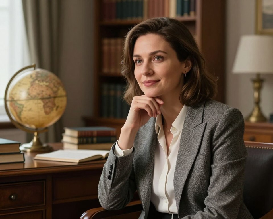 A portrait of a thoughtful woman in her 30s, Emilia Raszyńska, seated in a cozy, elegantly furnished study. She has medium-length brown hair, wearing a smart, professional blouse and a tailored blazer, reflecting her intelligence and sophistication. The foreground shows her gently resting her chin on her hand, with a slight smile that conveys warmth and wisdom. In the middle, a wooden desk is adorned with books and a vintage globe, hinting at her scholarly interests. The background features a rich bookshelf and soft, ambient lighting filtering through a window, creating a serene and inviting atmosphere. The overall mood is reflective and inspiring, capturing Emilia’s essence in a moment of contemplation. The image should be focused and well-composed, as if taken with a soft-focus lens.