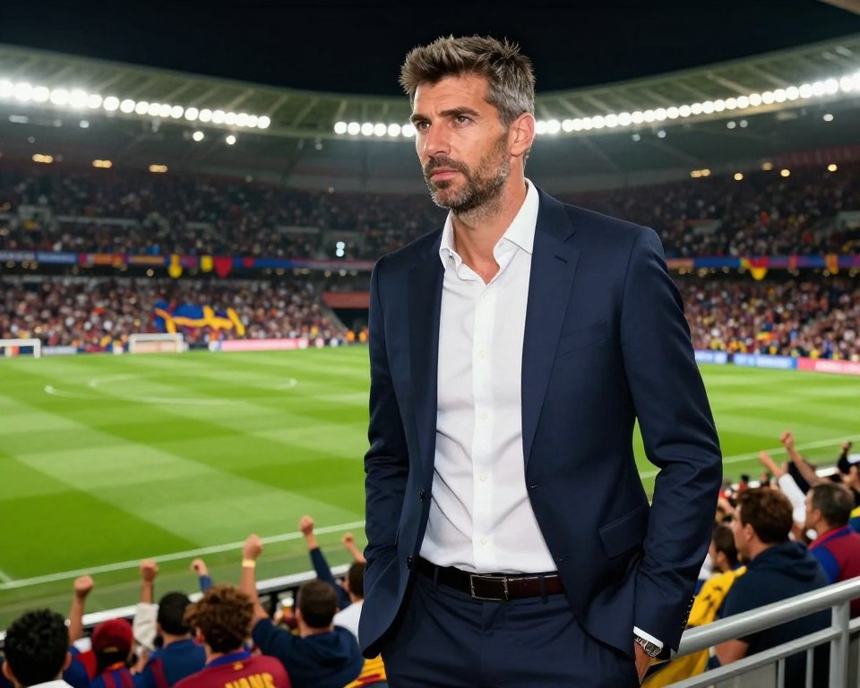 A striking portrait of Gerard Piqué, a professional football player in his thirties, set in a dynamic stadium environment. In the foreground, Piqué is dressed in a stylish, tailored suit, exuding confidence and charisma. His expression reflects a blend of determination and nostalgia as he gazes toward the pitch. In the middle ground, a beautifully illuminated football field is visible, with green grass and stadium lights casting a warm glow. The background features cheering fans, creating a vibrant and energetic atmosphere, with banners waving. The overall mood is celebratory and reflective, highlighting Piqué’s journey and age in the world of football. The image should capture the essence of his athletic career and personal life without any text or logos. A striking portrait of Gerard Piqué, a professional football player in his thirties, set in a dynamic stadium environment. In the foreground, Piqué is dressed in a stylish, tailored suit, exuding confidence and charisma. His expression reflects a blend of determination and nostalgia as he gazes toward the pitch. In the middle ground, a beautifully illuminated football field is visible, with green grass and stadium lights casting a warm glow. The background features cheering fans, creating a vibrant and energetic atmosphere, with banners waving. The overall mood is celebratory and reflective, highlighting Piqué’s journey and age in the world of football. The image should capture the essence of his athletic career and personal life without any text or logos.