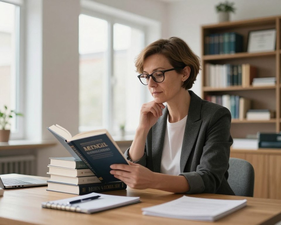 A thoughtful, professional psychologist seated in a modern office, Katarzyna Miller, aged woman with short, stylish hair and glasses, browsing through a stack of books on mental health. In the foreground, add a wooden desk with a notepad and pen, symbolizing an academic atmosphere. In the middle, soft natural light streaming through large windows illuminates the room, creating a warm, welcoming mood. Behind her, a bookshelf filled with psychology books and framed certificates to indicate her expertise. Use a shallow depth of field to focus on her, while softly blurring the background, creating an intimate and engaging environment. The lens angle should give a slight upward tilt, portraying both professionalism and approachability.