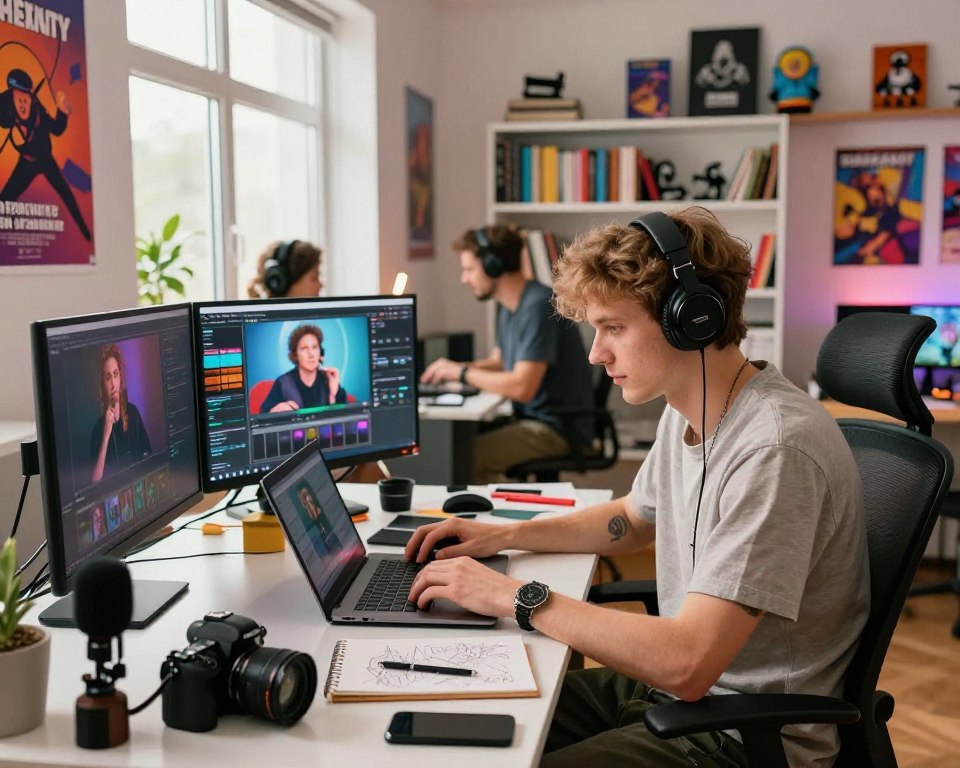 A vibrant scene capturing the essence of content creation in a modern digital landscape. In the foreground, a stylish young man resembling Patryk "Rojo" Rojewski, dressed in casual but trendy attire, sits at a sleek, high-tech desk cluttered with creative tools like a camera, microphone, and sketchpad. He focuses intently on his laptop, surrounded by colorful posters representing various content themes such as gaming, vlogs, and technology. In the middle ground, a lively atmosphere reflects the creative process, with light streaming through large windows, creating a warm and inviting glow. The background features a well-organized bookshelf filled with inspirational books and collectibles related to pop culture. The overall mood is energetic and innovative, with a hint of playfulness, inviting viewers into the world of dynamic content creation.