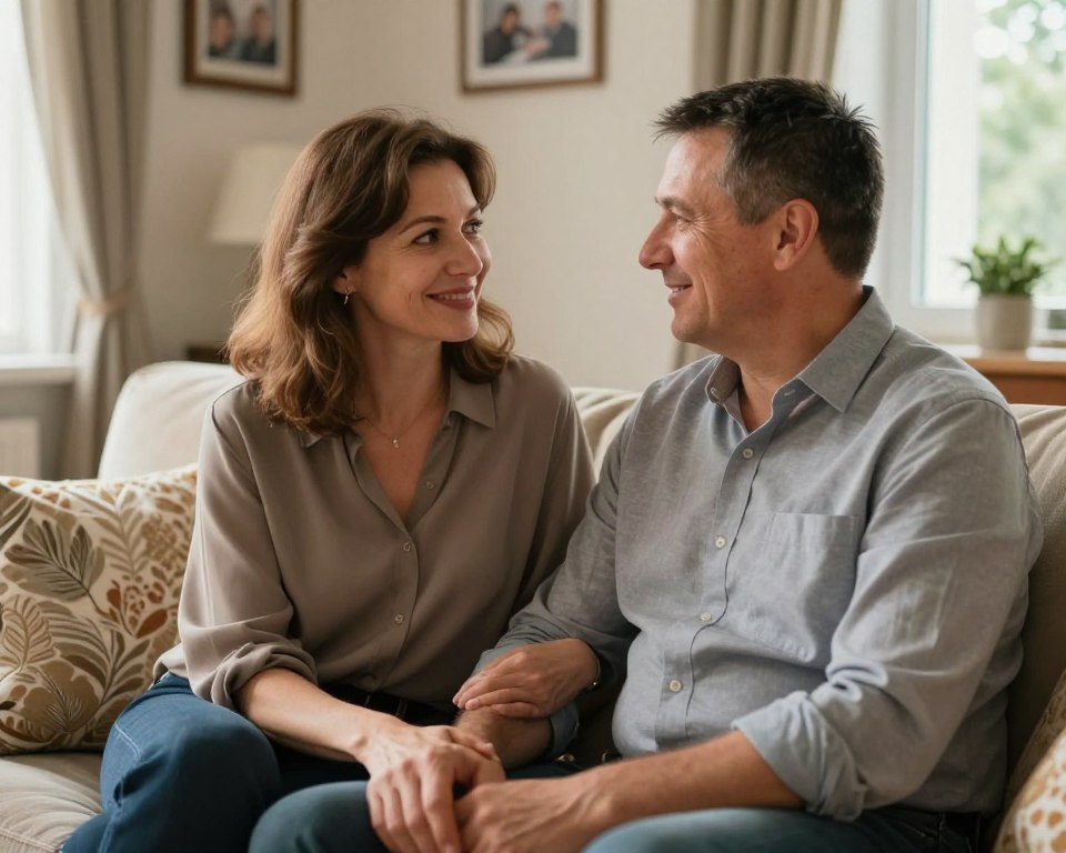 A warm and intimate portrait of Bożena Stachura with her husband, seated comfortably in a cozy living room. Bożena has soft, medium-length brown hair, wearing a smart casual blouse, exuding warmth and approachability. Her husband sits beside her, dressed in a tailored shirt, looking supportive and engaged, with short dark hair and a kind expression. The setting features a soft couch adorned with decorative cushions, family photos on the walls, and natural light filtering in through a nearby window, creating a serene atmosphere. The focus is on their genuine interaction, reflecting a deep bond. The angle is slightly above eye level, capturing their smiles and body language, evoking feelings of love and partnership. A warm and intimate portrait of Bożena Stachura with her husband, seated comfortably in a cozy living room. Bożena has soft, medium-length brown hair, wearing a smart casual blouse, exuding warmth and approachability. Her husband sits beside her, dressed in a tailored shirt, looking supportive and engaged, with short dark hair and a kind expression. The setting features a soft couch adorned with decorative cushions, family photos on the walls, and natural light filtering in through a nearby window, creating a serene atmosphere. The focus is on their genuine interaction, reflecting a deep bond. The angle is slightly above eye level, capturing their smiles and body language, evoking feelings of love and partnership.