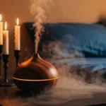 Dyfuzor ultradźwiękowy z mgiełką obok buteleczek olejków eterycznych - lawenda, drzewo sandałowe, ylang-ylang - na drewnianym stoliku nocnym w przytulnej sypialni