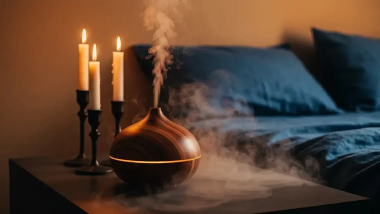 Dyfuzor ultradźwiękowy z mgiełką obok buteleczek olejków eterycznych - lawenda, drzewo sandałowe, ylang-ylang - na drewnianym stoliku nocnym w przytulnej sypialni