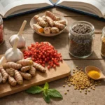 Zioła na cholesterol - czosnek, ostropest, berberys i kurkuma na drewnianym stole
