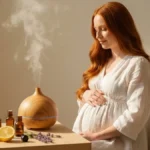 Kobieta w ciąży wdychająca aromat z dyfuzora olejków eterycznych, bezpieczna aromaterapia w ciąży
