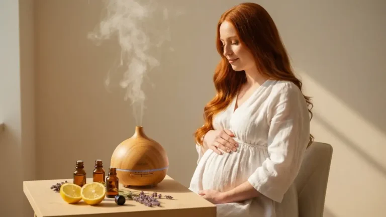 Kobieta w ciąży wdychająca aromat z dyfuzora olejków eterycznych, bezpieczna aromaterapia w ciąży