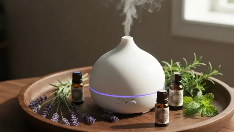 Dyfuzor ultradźwiękowy z unoszącą się mgłą aromaterapeutyczną na tle zielonych ziół i olejków eterycznych