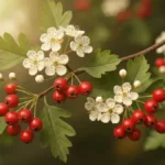 Głóg dwuszyjkowy - czerwone owoce i białe kwiaty na gałęzi, zioła na serce