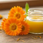 Kwiaty nagietka lekarskiego w drewnianym mozdzerzu obok sloiczka z mascia nagietkowa na naturalnym tle