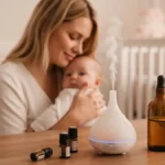 Mama trzyma niemowle obok dyfuzora z olejkiem lawendowym, na drewnianym stole leza male buteleczki olejkow eterycznych i olej bazowy