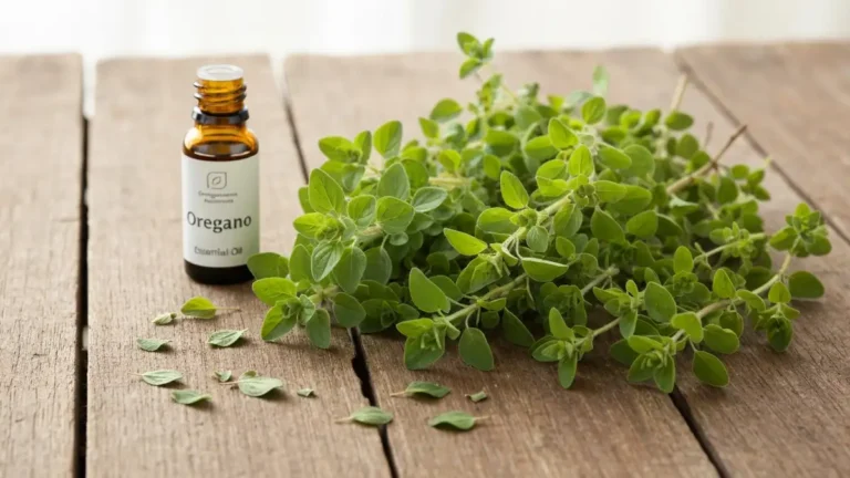 Swieże galazki oregano (lebiodki pospolitej) na drewnianym stole obok suszonych lisci i sloja z olejkiem eterycznym