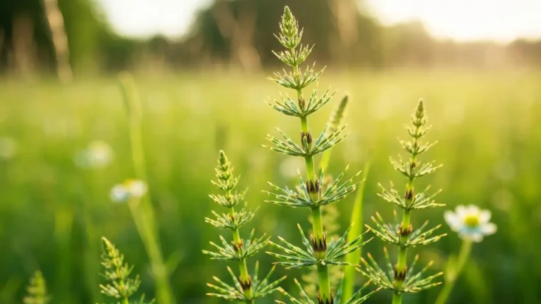 Skrzyp polny - zielone pedy Equisetum arvense na tle polskiej laki, zdjecie botaniczne