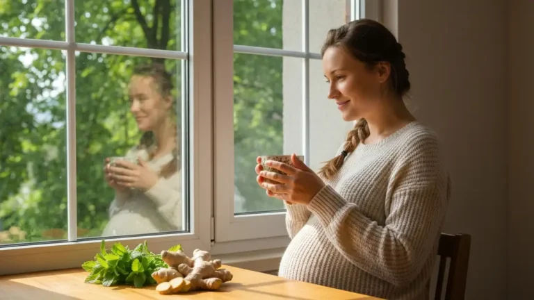 Kobieta w ciąży trzymająca kubek herbaty ziołowej przy oknie, spokojne naturalne światło, zioła i rośliny w tle