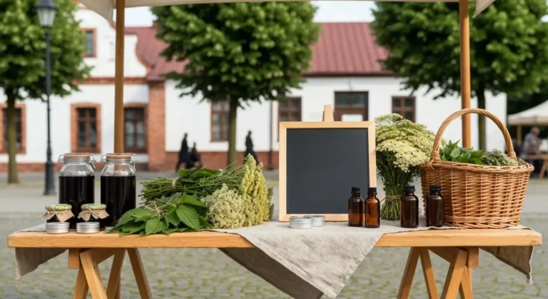 Stoisko z suszonymi ziolami, syropami i nalewkami na ziolowym festiwalu w polskim miasteczku