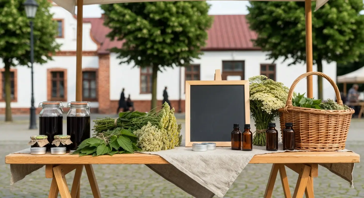 Stoisko z suszonymi ziolami, syropami i nalewkami na ziolowym festiwalu w polskim miasteczku