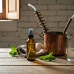 Butelka hydrolatu z mięty obok miedzianej destylarki i świeżych gałązek mięty na drewnianym stole w wiejskiej kuchni