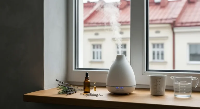 Biały dyfuzor ultradźwiękowy z mgiełką na parapecie, obok buteleczka olejku z pipetą i suszona lawenda