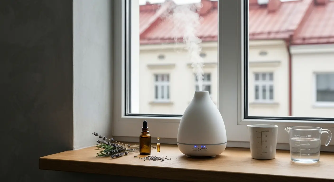 Biały dyfuzor ultradźwiękowy z mgiełką na parapecie, obok buteleczka olejku z pipetą i suszona lawenda