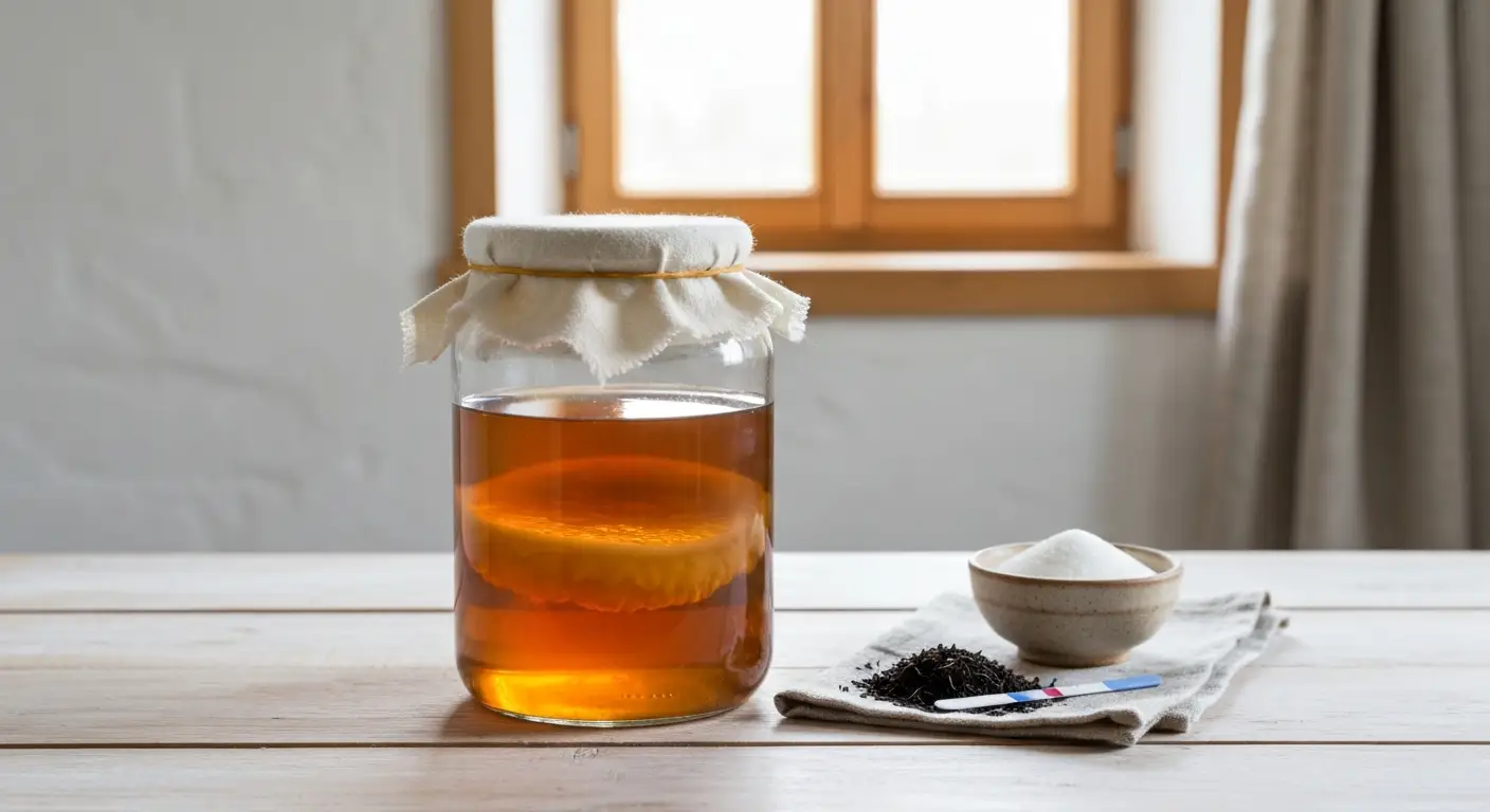 Szklany sloik z domowa kombucha i jasnym scoby na drewnianym stole, obok cukier i suszona czarna herbata