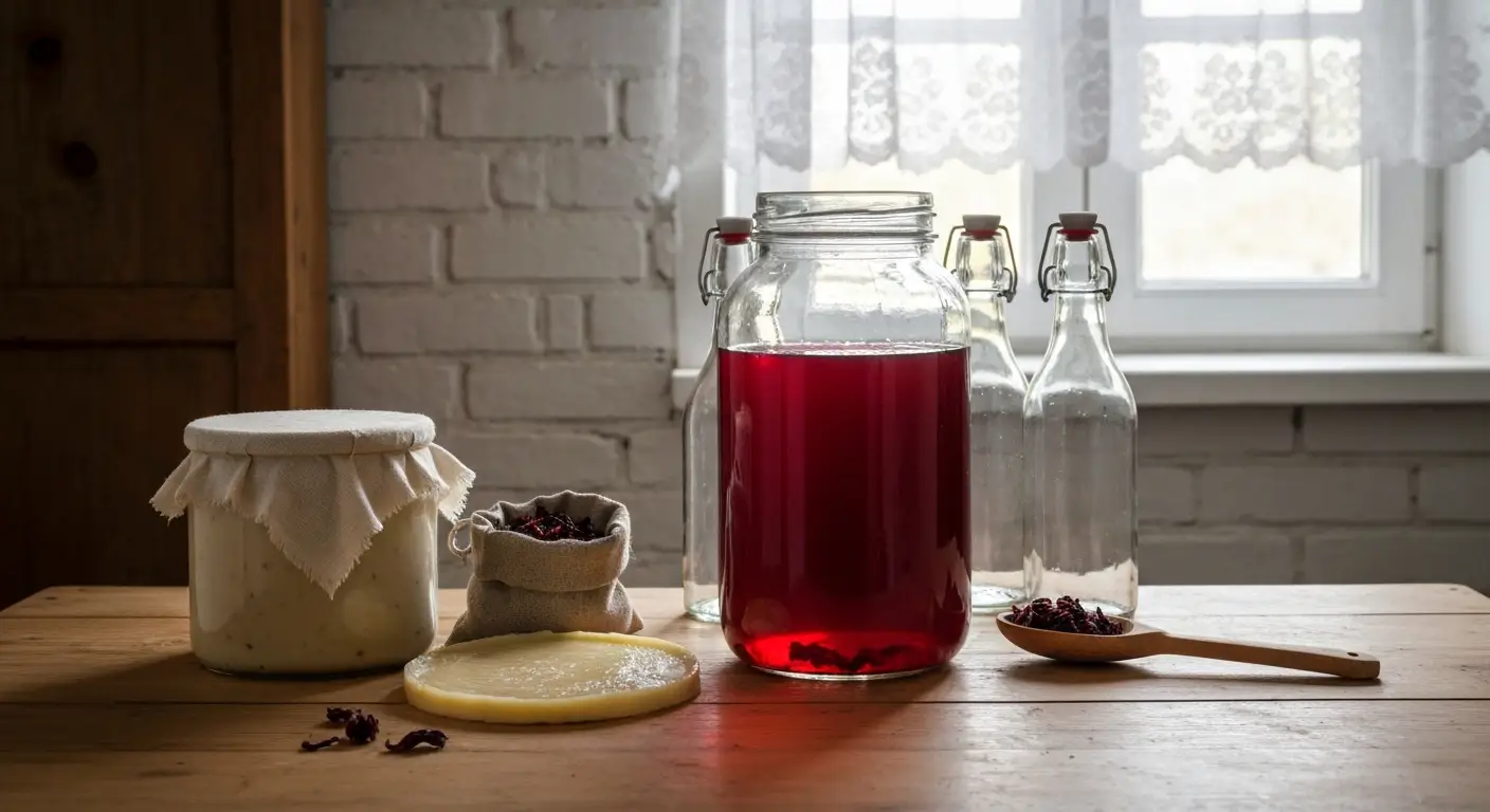 Sloik domowej kombuchy z hibiskusem na drewnianym stole, obok suszone kielichy hibiskusa i butelki do drugiej fermentacj