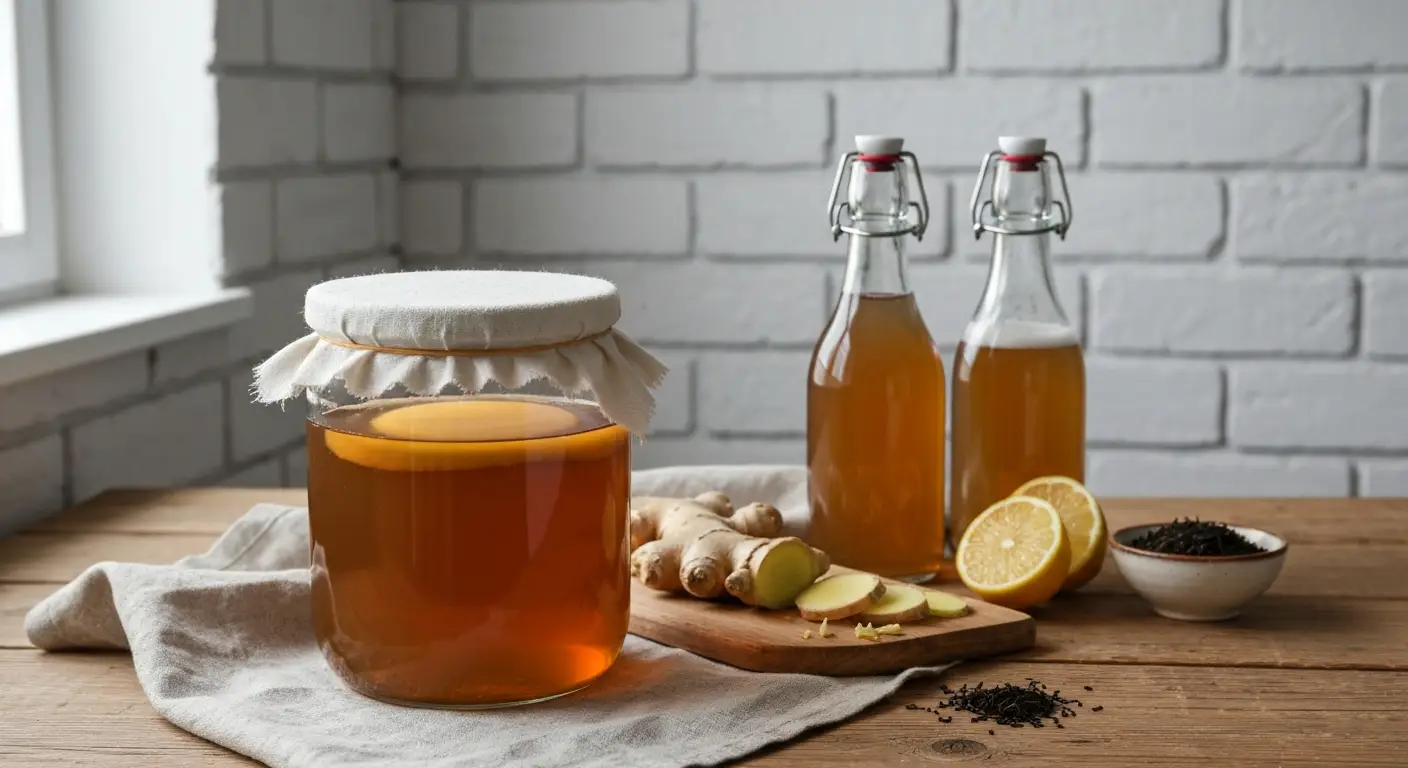 Sloik domowej kombuchy z widoczna scoby, butelki z drugiej fermentacji oraz swiezy imbir i cytryna na drewnianym stole