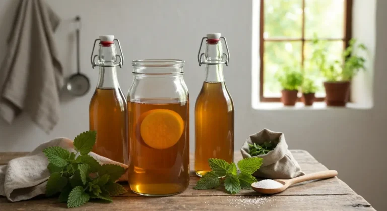 Sloik kombuchy ze SCOBY, butelki z fermentowanym napojem i swieze listki melisy na drewnianym stole w wiejskiej kuchni