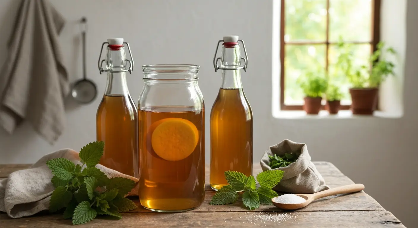 Sloik kombuchy ze SCOBY, butelki z fermentowanym napojem i swieze listki melisy na drewnianym stole w wiejskiej kuchni
