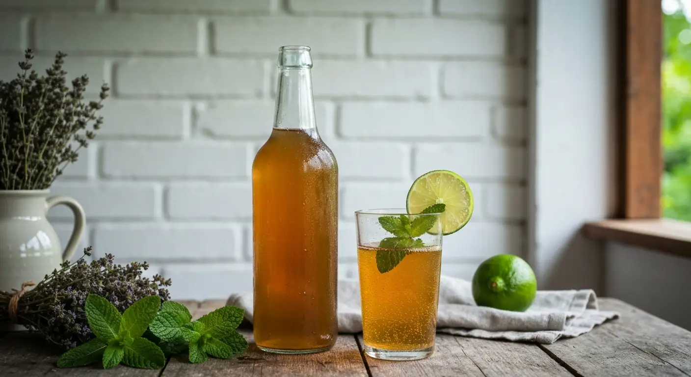Butelka i szklanka kombuchy z listkami swiezej miety i plasterkiem limonki na drewnianym stole w wiejskiej kuchni