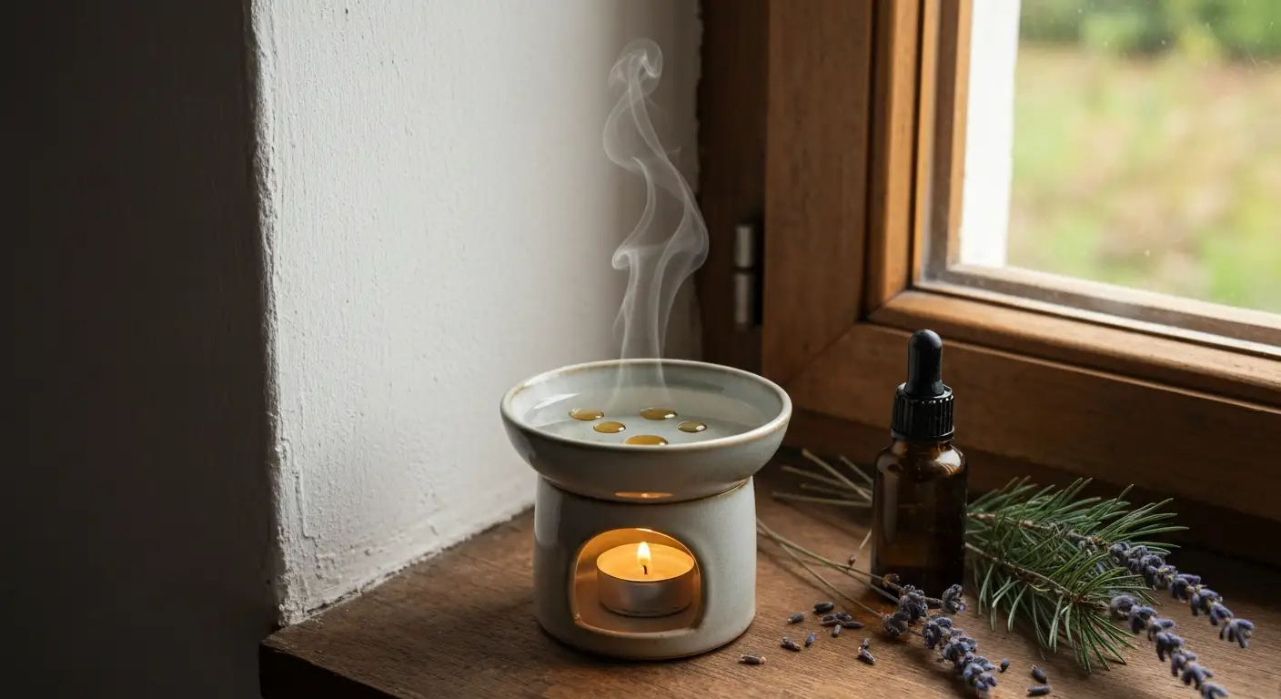 Ceramiczny kominek zapachowy z podgrzewaczem tealight i buteleczka olejku na drewnianym parapecie