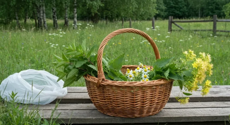 Wiklinowy kosz ze swiezo zebranymi ziolami na skraju laki, obok odlozona plastikowa torba